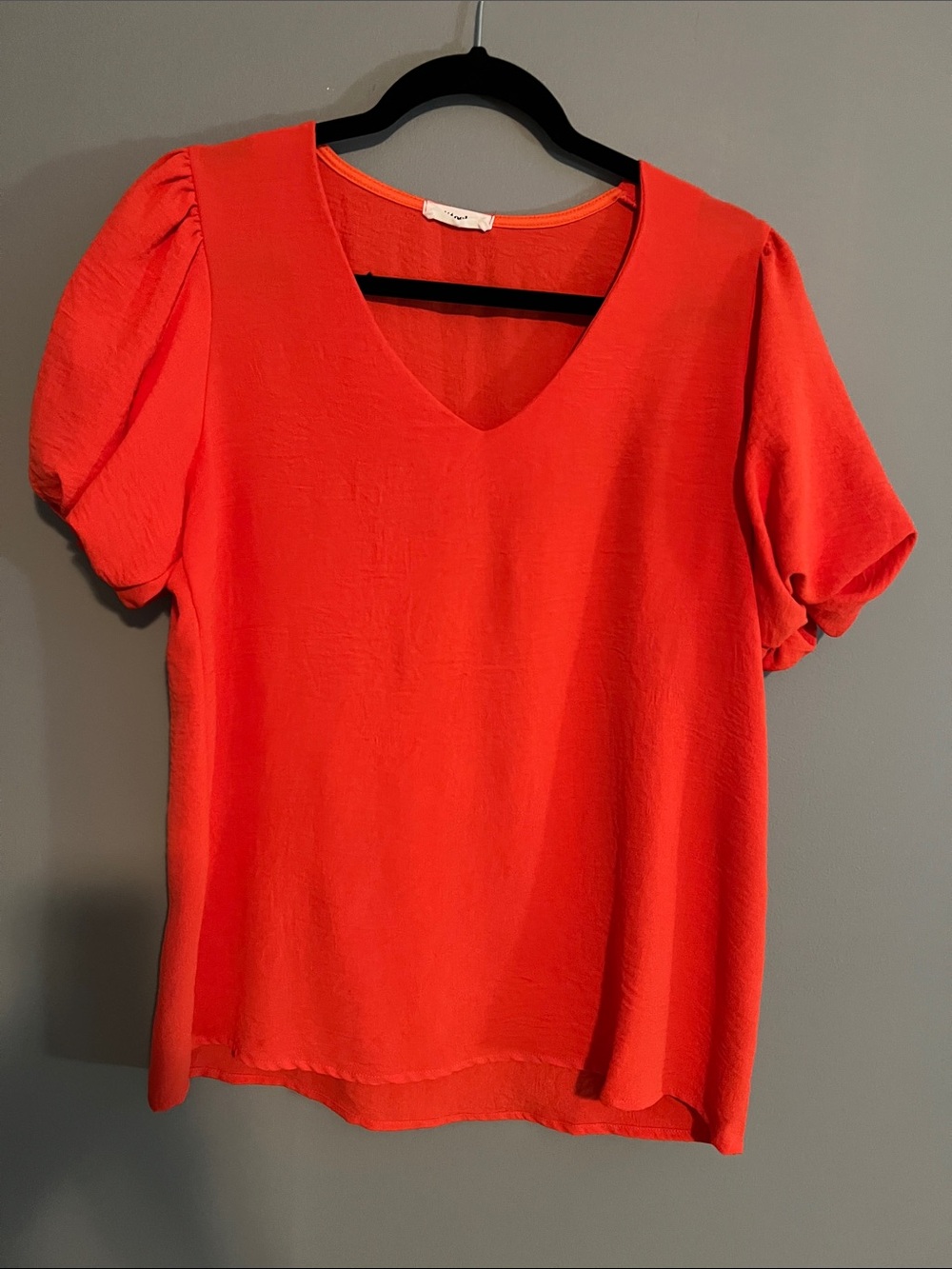 mittoshop Coral Orange V-Neck Puff Sleeve Blouse